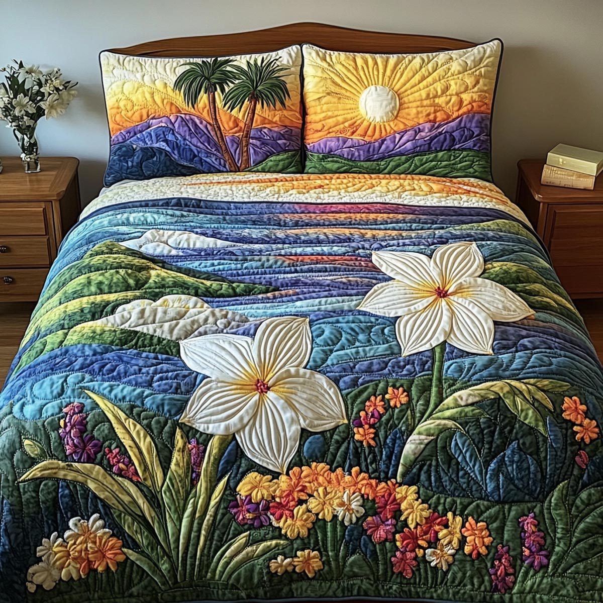 Ocean Escape quilted 3-piece bedding set on a made bed in a light coastal bedroom
