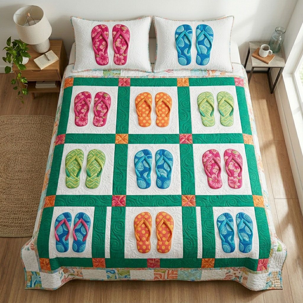 Ocean Flip Flops quilted 3-piece bedding set on a made bed in a light coastal bedroom