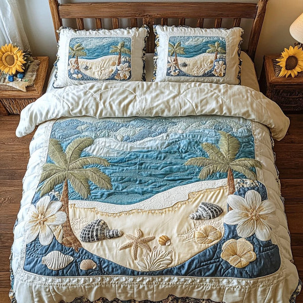 Ocean Garden quilted 3-piece bedding set on a made bed in a light coastal bedroom