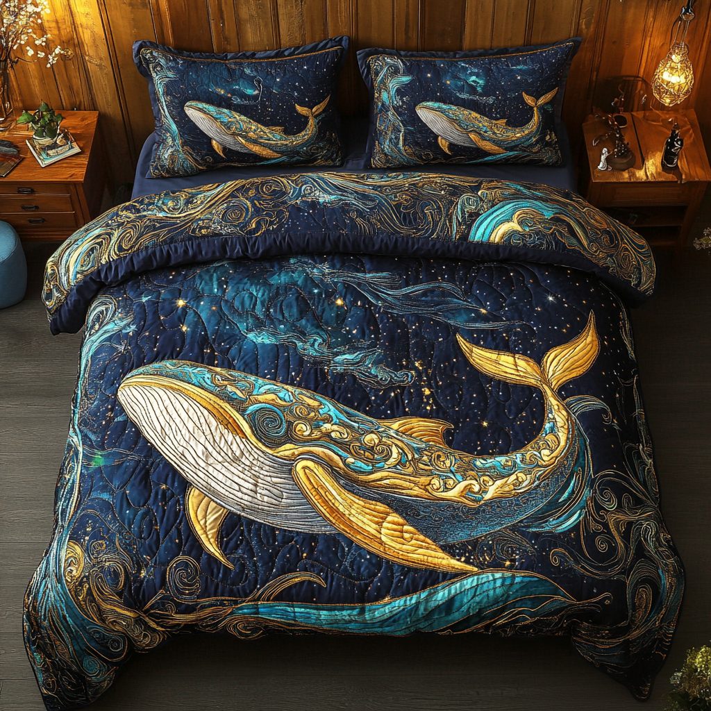 Ocean Giant quilted 3-piece bedding set on a made bed in a light coastal bedroom