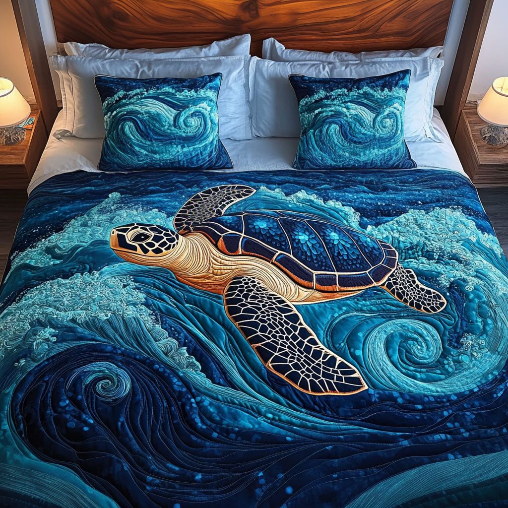 Ocean Glide quilted 3-piece bedding set on a made bed in a light coastal bedroom