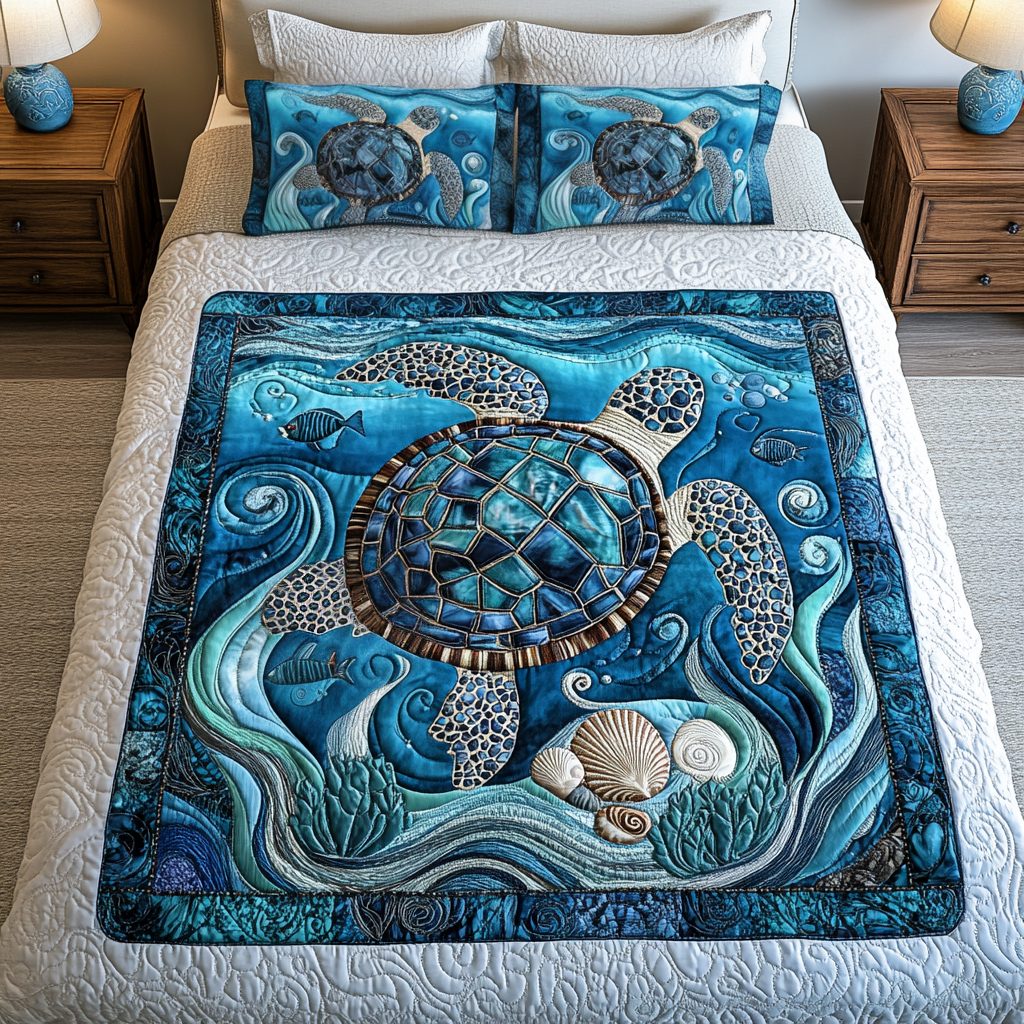 Ocean Glide quilted 3-piece bedding set on a made bed in a light coastal bedroom