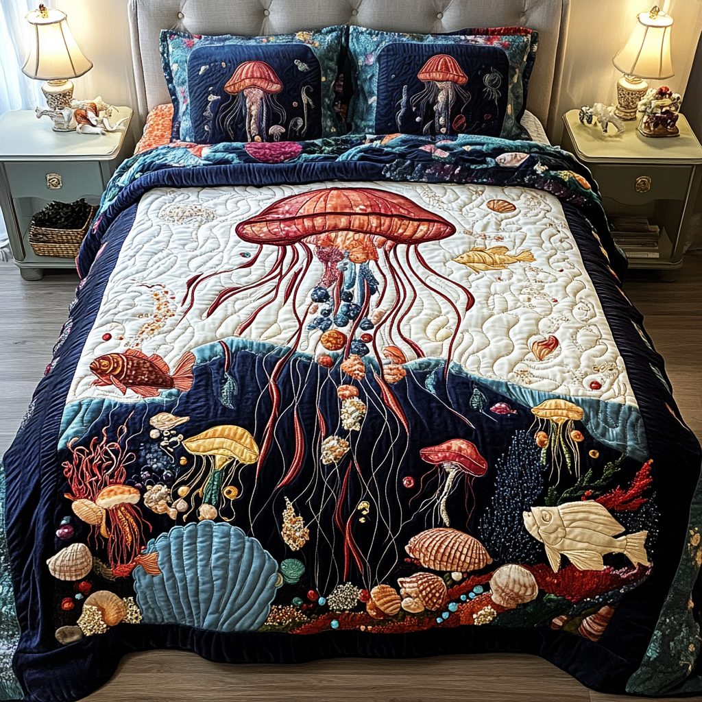 Ocean Glow quilted 3-piece bedding set on a made bed in a light coastal bedroom