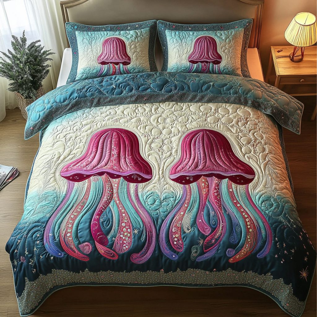 Ocean Glow quilted 3-piece bedding set on a made bed in a light coastal bedroom