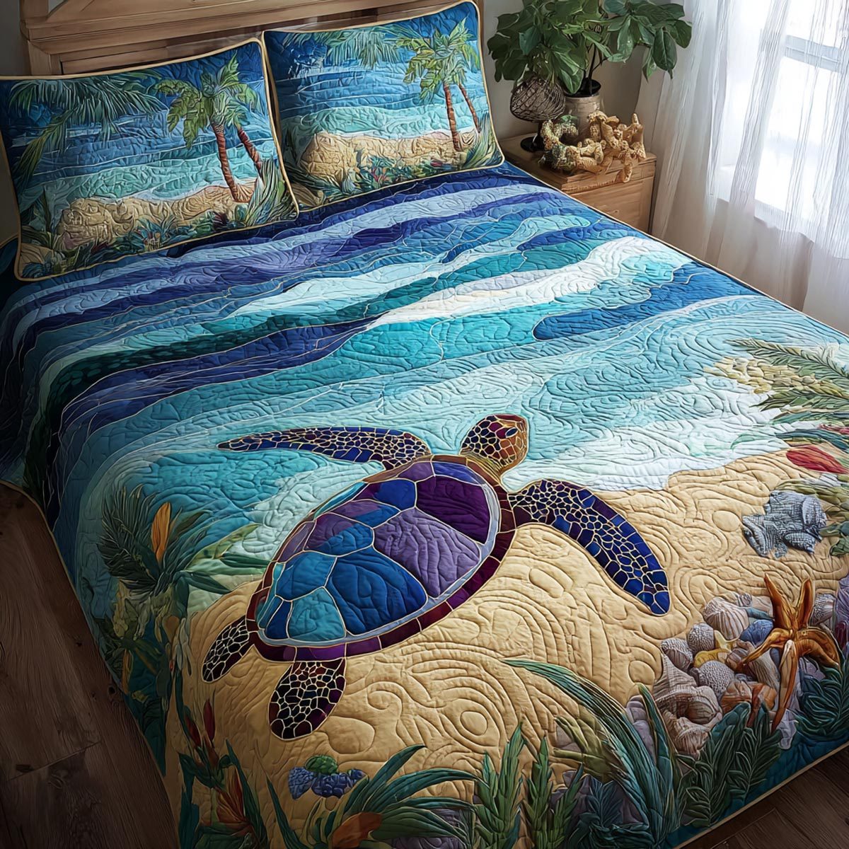 Ocean Glow quilted 3-piece bedding set on a made bed in a light coastal bedroom