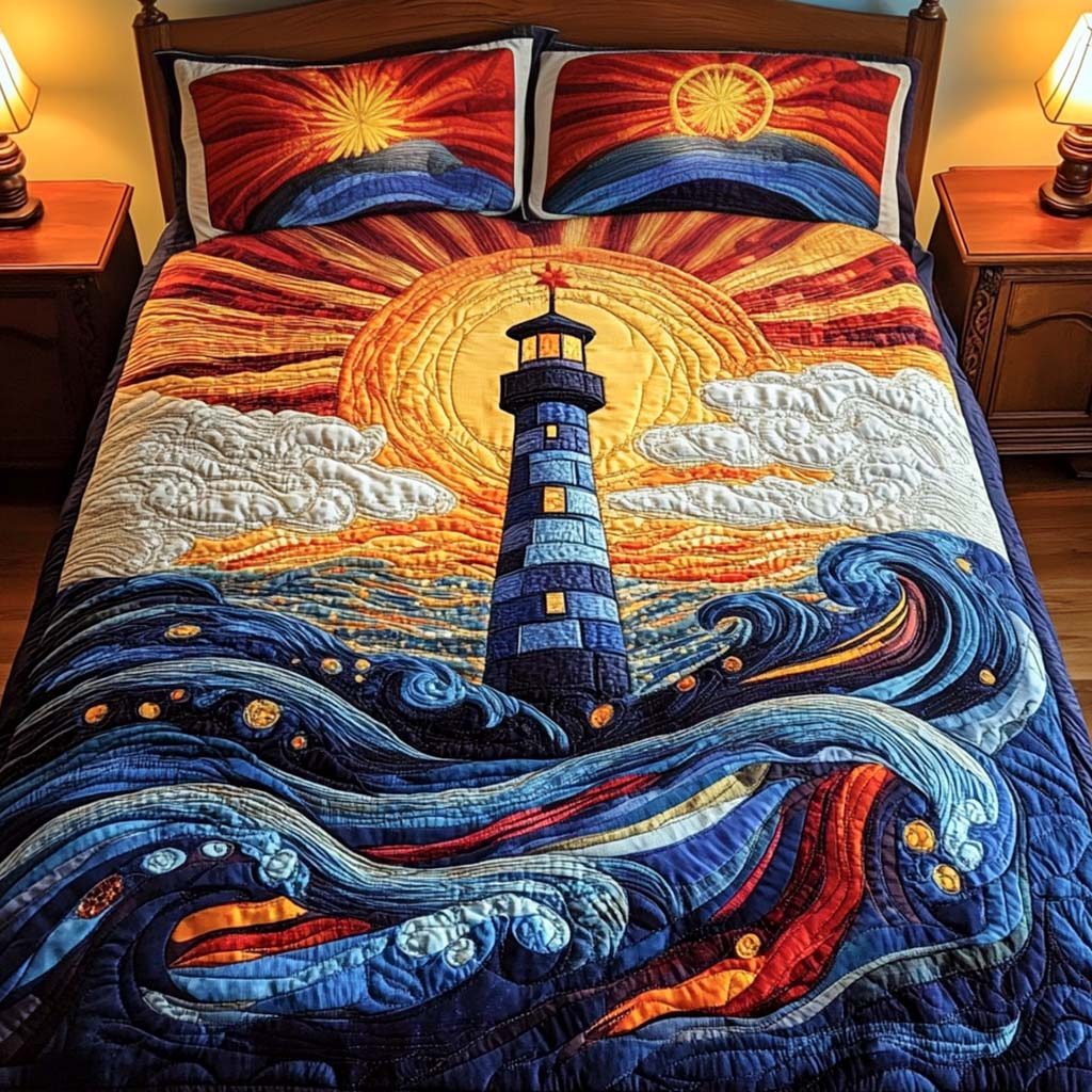 Ocean Glow quilted 3-piece bedding set on a made bed in a light coastal bedroom