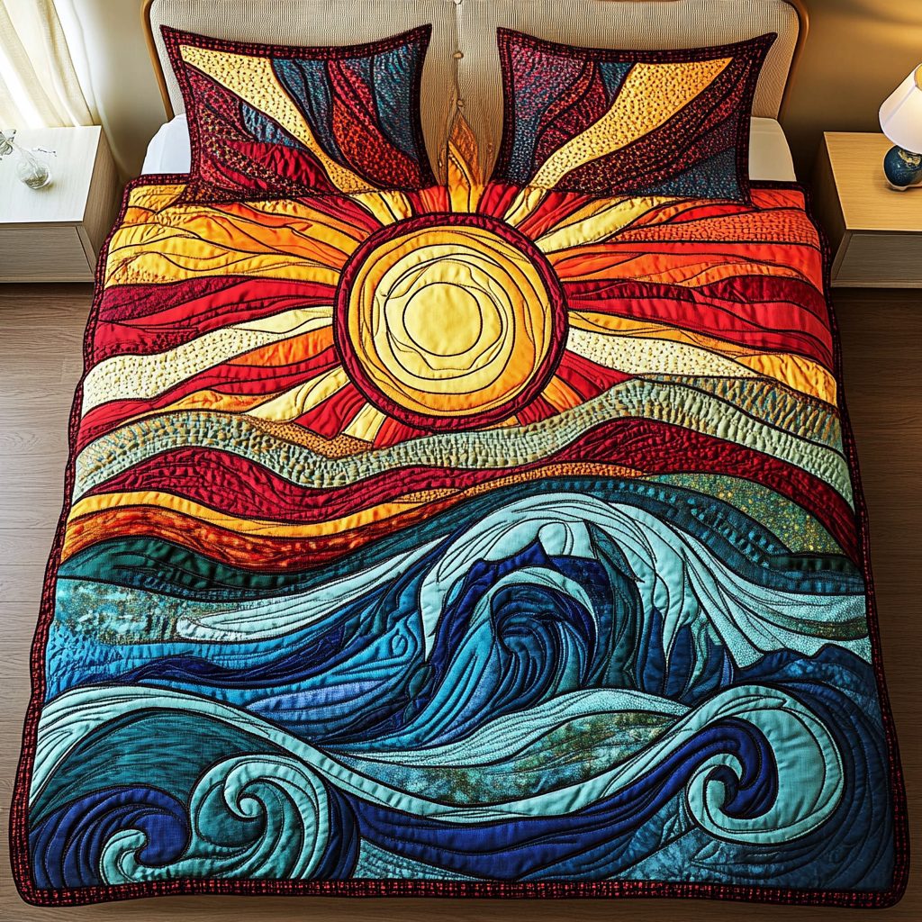 Ocean Glow quilted 3-piece bedding set on a made bed in a light coastal bedroom