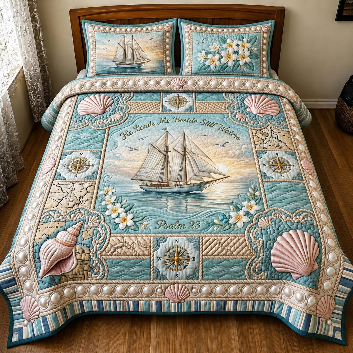 Ocean Grace quilted 3-piece bedding set on a made bed in a light coastal bedroom