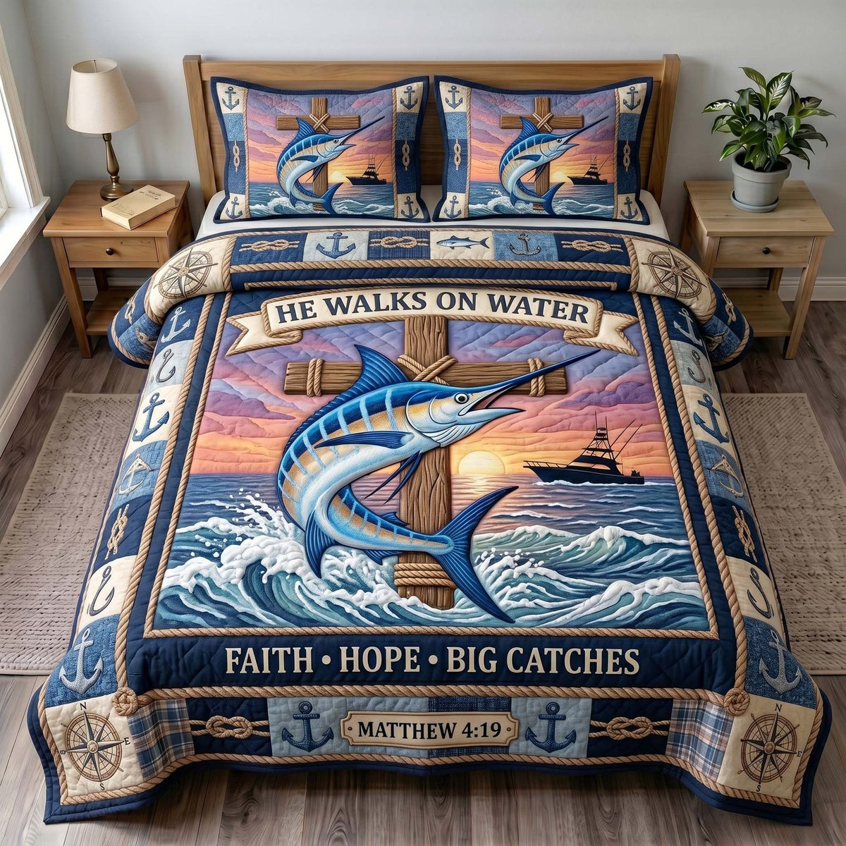 Ocean Grace quilted 3-piece bedding set on a made bed in a light coastal bedroom
