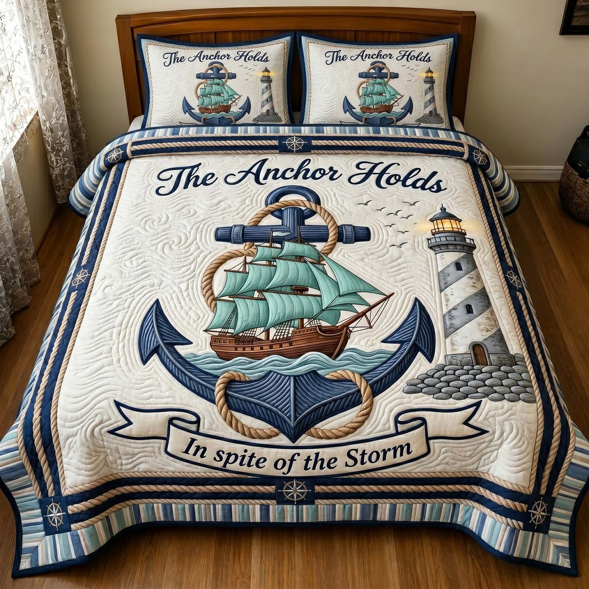 Ocean Grace quilted 3-piece bedding set on a made bed in a light coastal bedroom