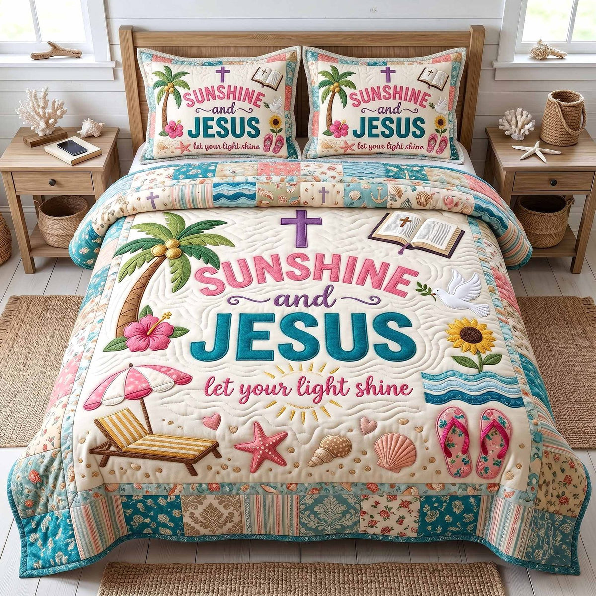Ocean Grace quilted 3-piece bedding set on a made bed in a light coastal bedroom