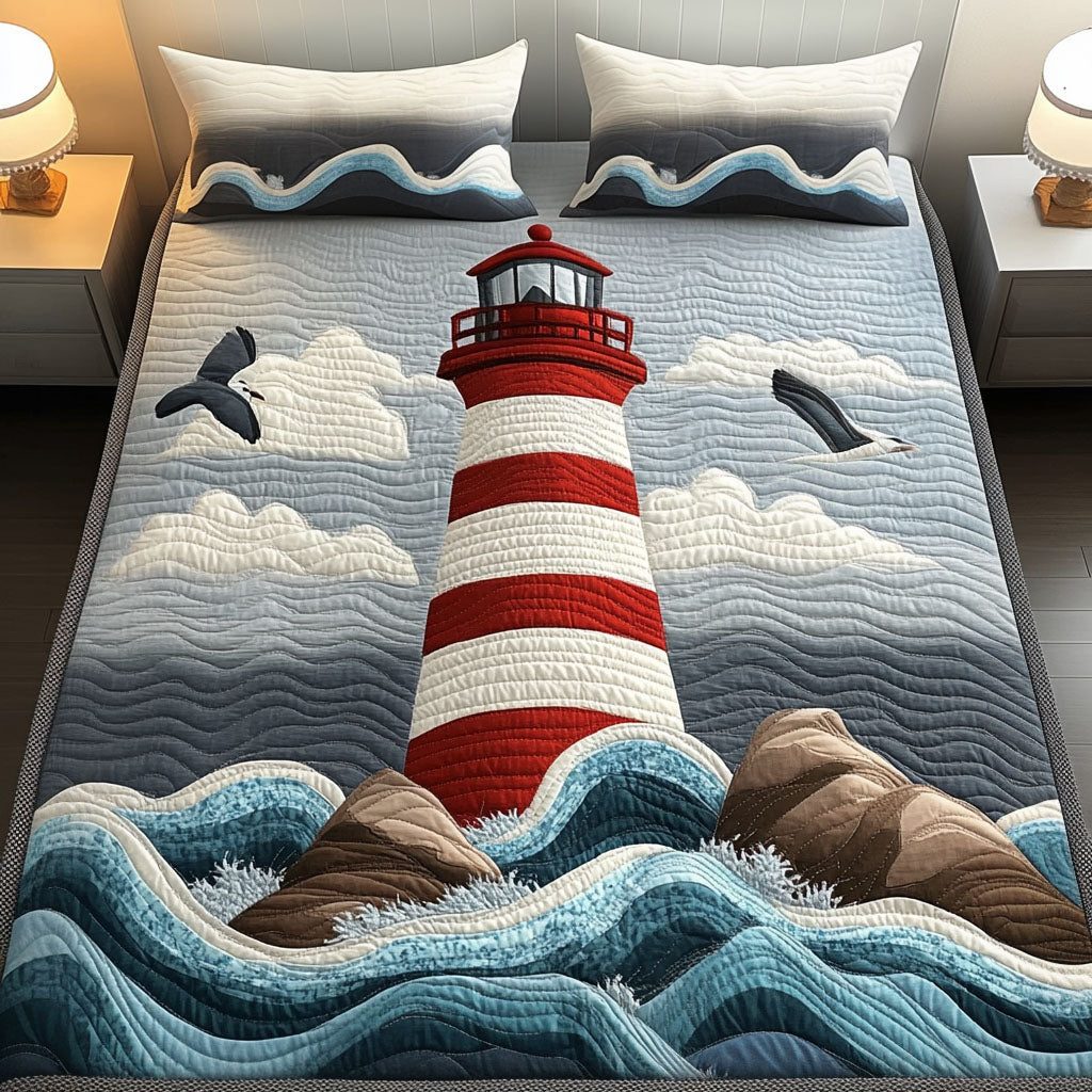 Ocean Guard quilted 3-piece bedding set on a made bed in a light coastal bedroom