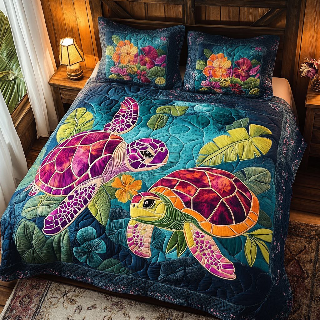 Ocean Harmony quilted 3-piece bedding set on a made bed in a light coastal bedroom