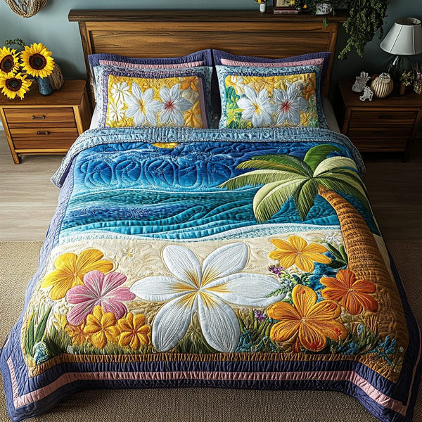 Ocean Horizon quilted 3-piece bedding set on a made bed in a light coastal bedroom
