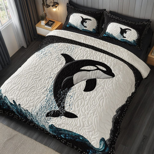 Ocean Majesty quilted 3-piece bedding set on a made bed in a light coastal bedroom