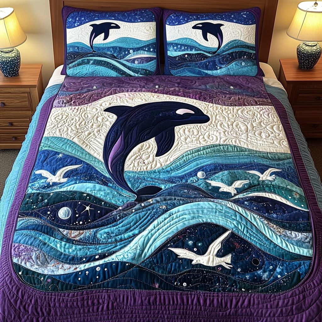 Ocean Majesty quilted 3-piece bedding set on a made bed in a light coastal bedroom