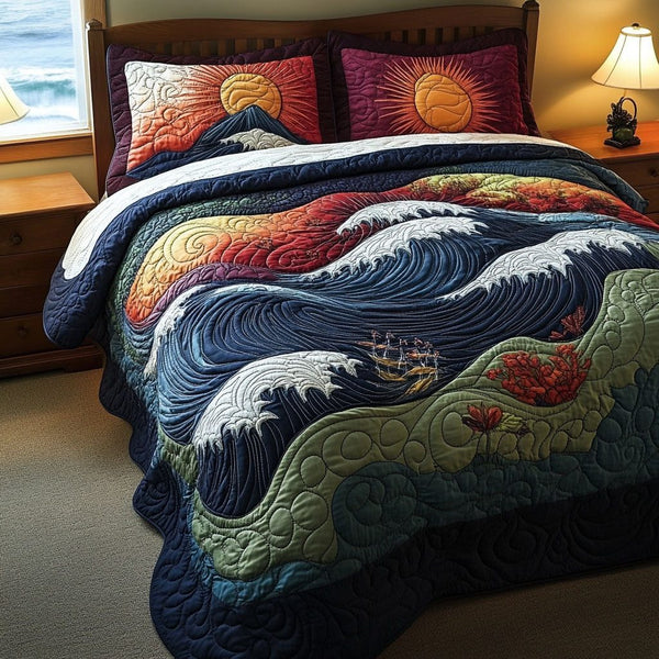 Ocean Melody quilted 3-piece bedding set on a made bed in a light coastal bedroom