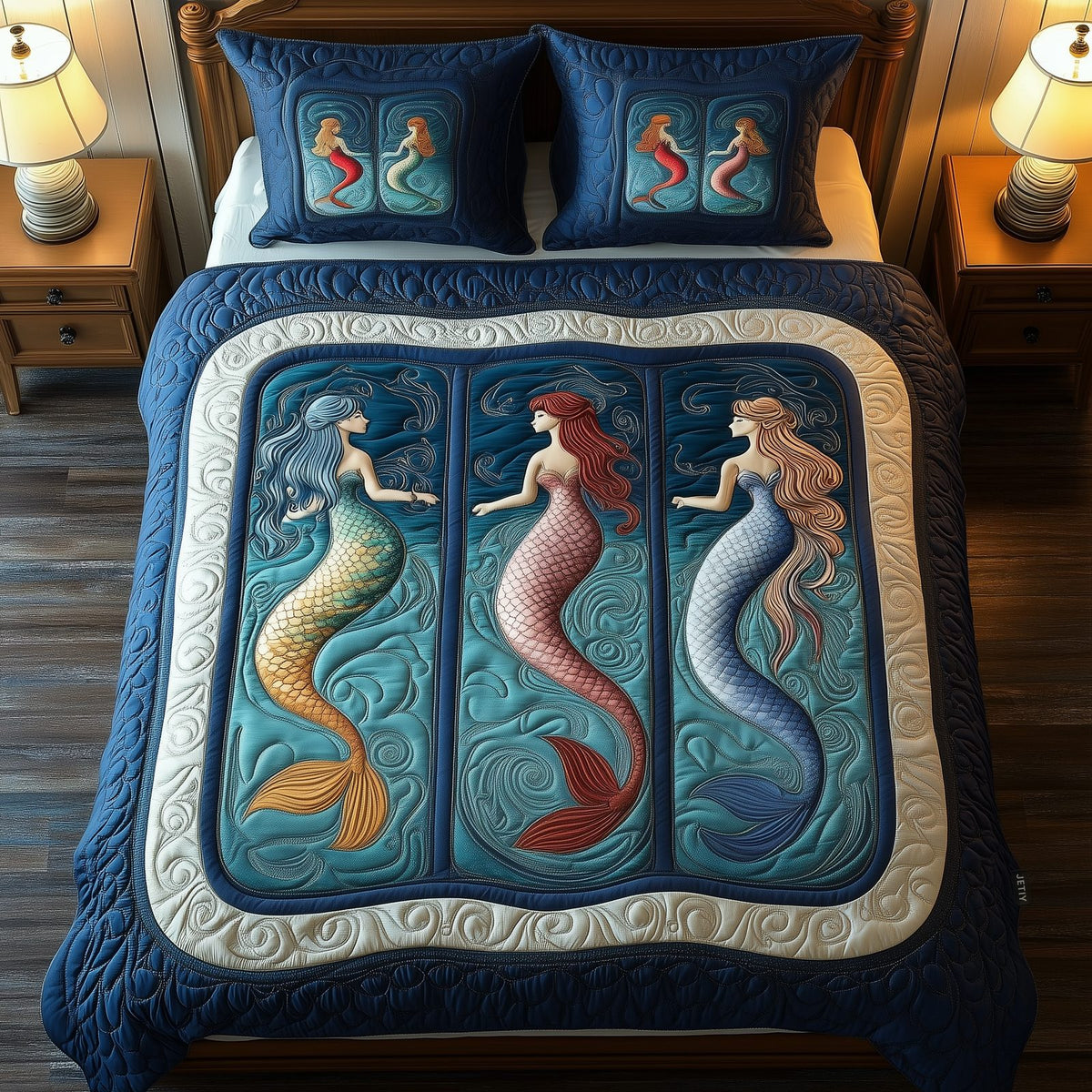 Ocean Mermaid Paradise quilted 3-piece bedding set on a made bed in a light coastal bedroom