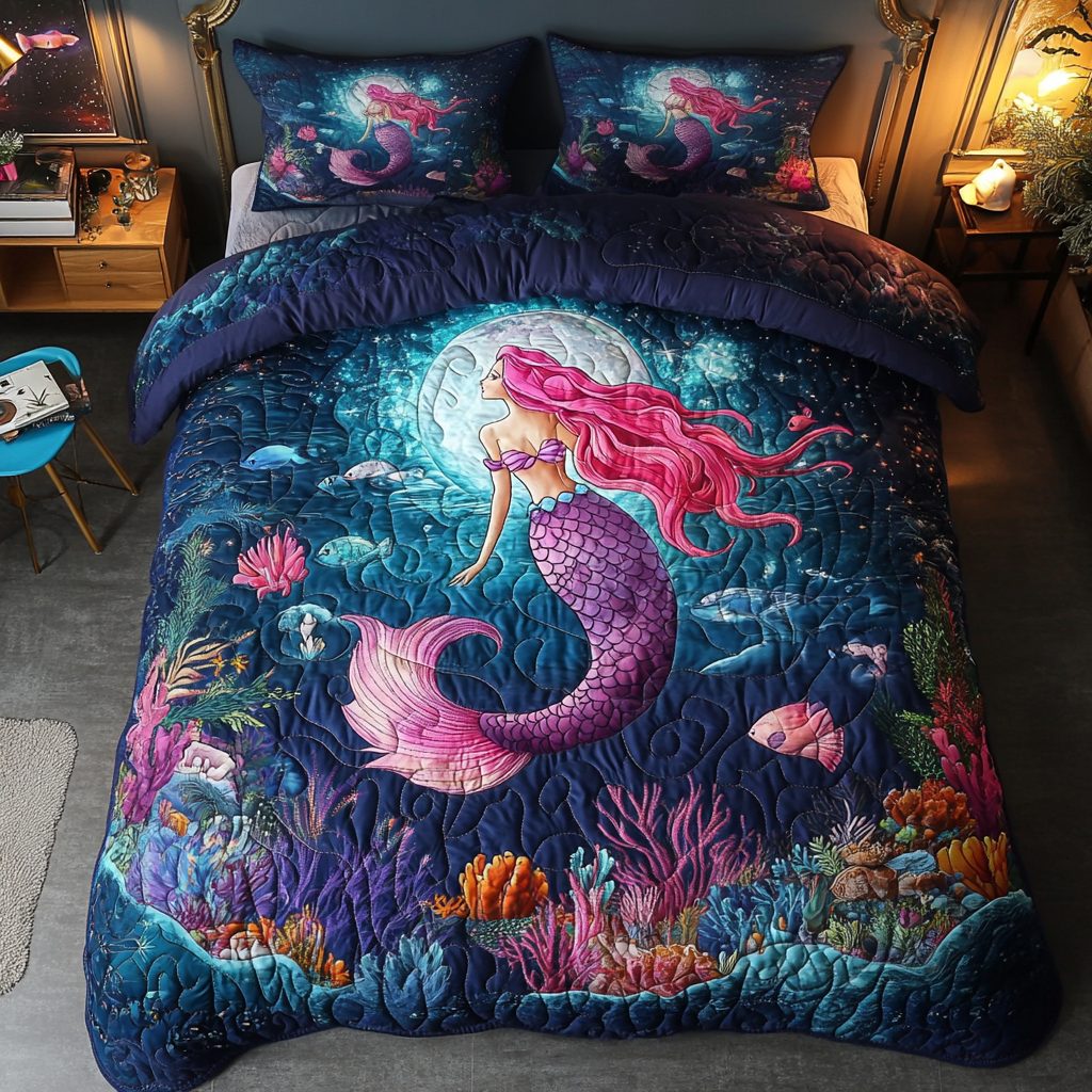 Ocean Mermaid quilted 3-piece bedding set on a made bed in a light coastal bedroom