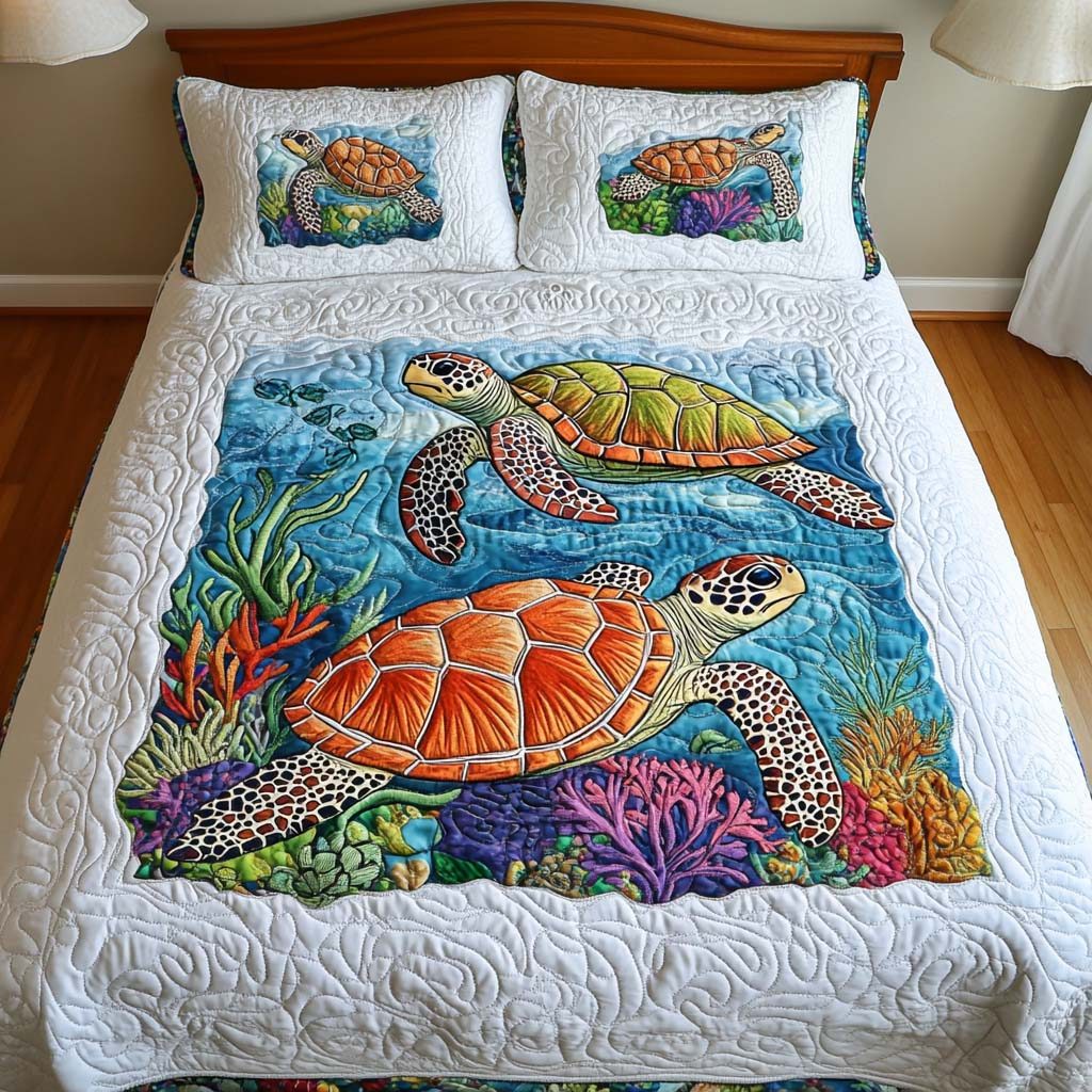 Ocean Mosaic quilted 3-piece bedding set on a made bed in a light coastal bedroom