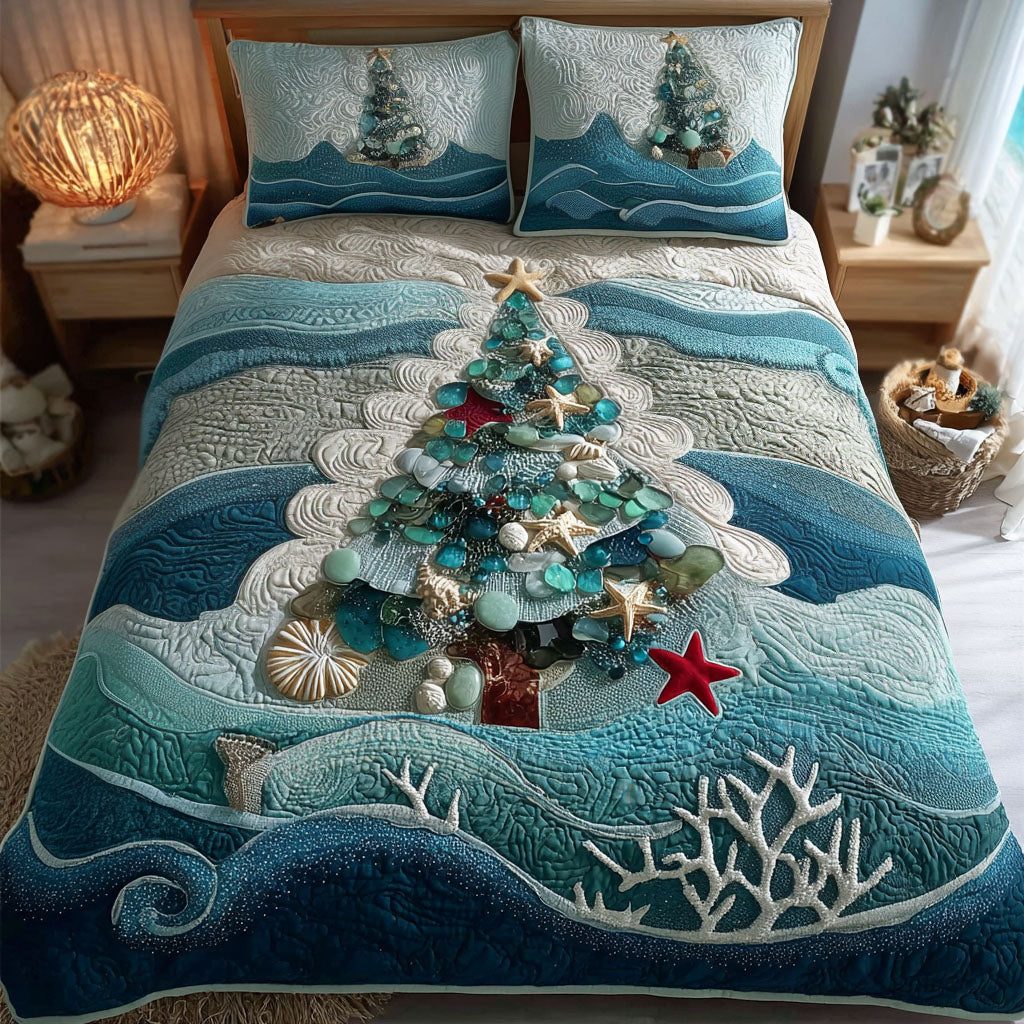 Ocean Noel quilted 3-piece bedding set on a made bed in a winter-styled bedroom