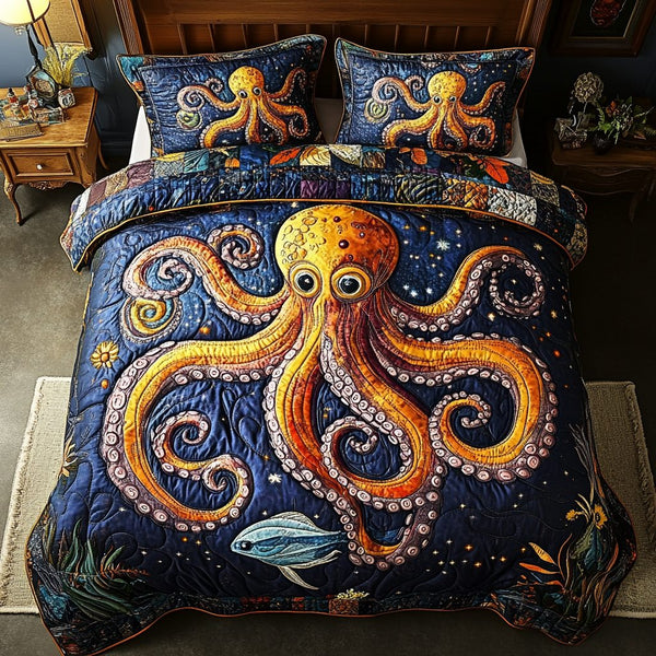 Ocean Octopus quilted 3-piece bedding set on a made bed in a light coastal bedroom