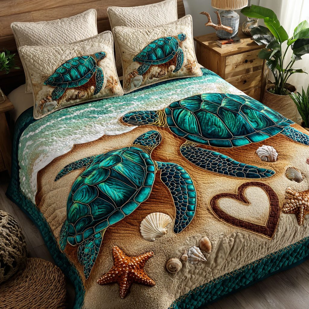 Ocean Pair quilted 3-piece bedding set on a made bed in a light coastal bedroom
