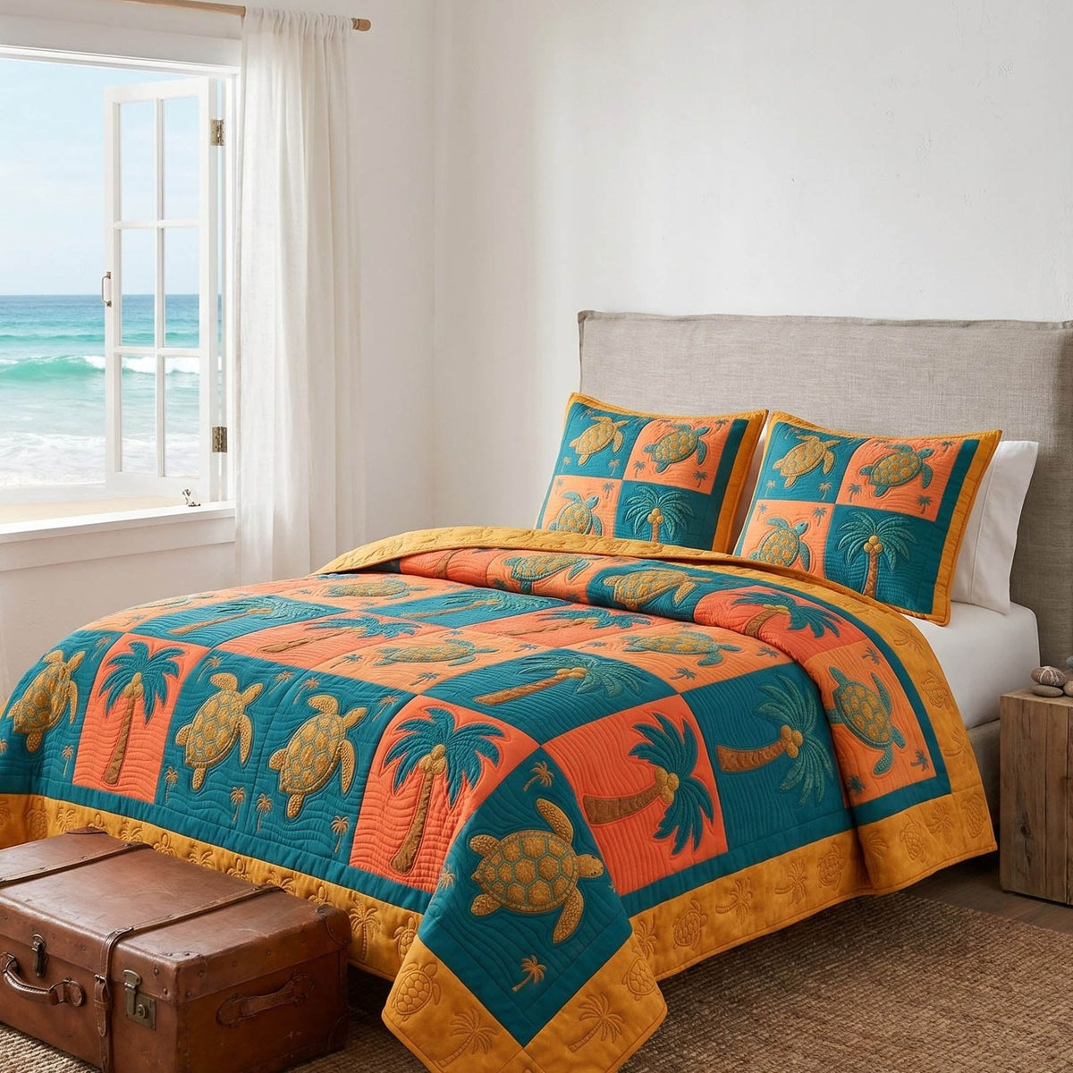 Ocean Patch quilted 3-piece bedding set on a made bed in a light coastal bedroom
