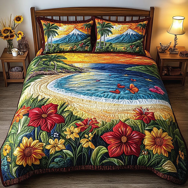 Ocean Path quilted 3-piece bedding set on a made bed in a light coastal bedroom