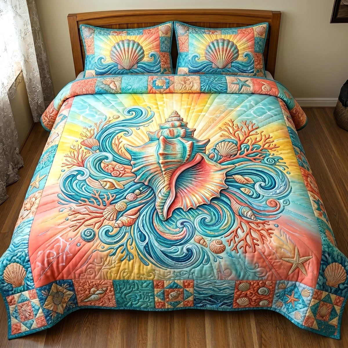 Ocean Pearls quilted 3-piece bedding set on a made bed in a light coastal bedroom