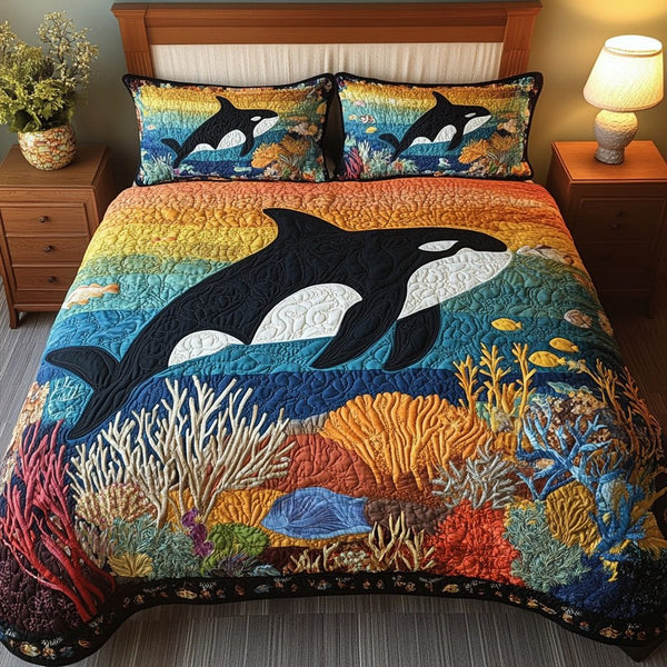 Ocean Phantom quilted 3-piece bedding set on a made bed in a light coastal bedroom