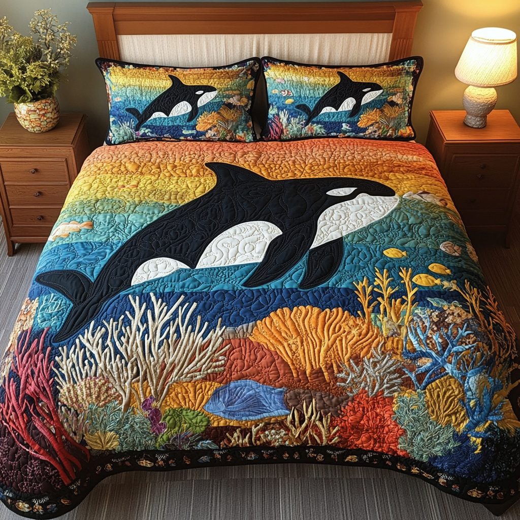 Ocean Phantom quilted 3-piece bedding set on a made bed in a light coastal bedroom