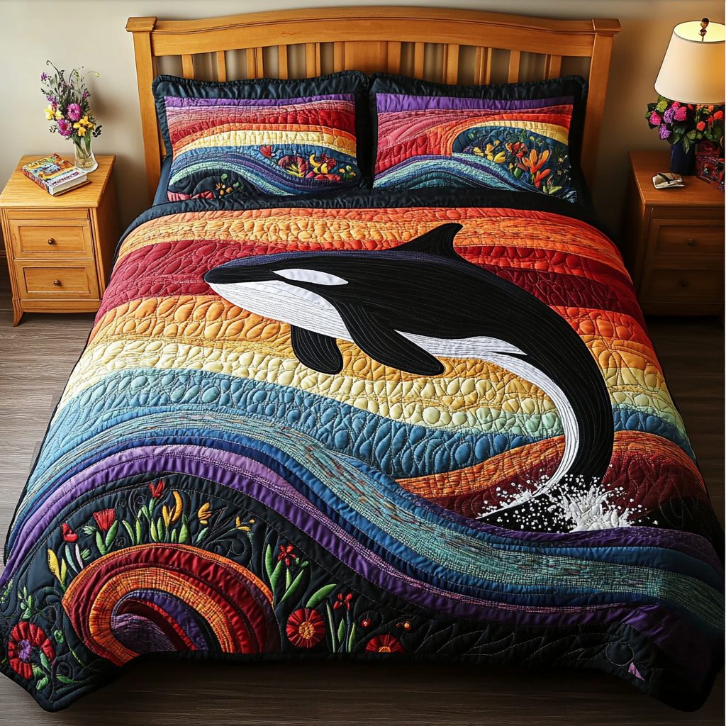 Ocean Predator quilted 3-piece bedding set on a made bed in a light coastal bedroom