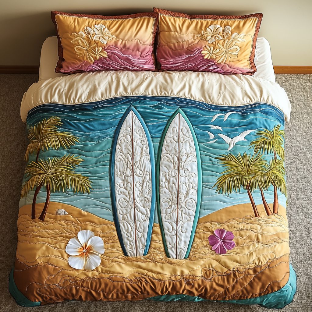 Ocean Pulse quilted 3-piece bedding set on a made bed in a light coastal bedroom