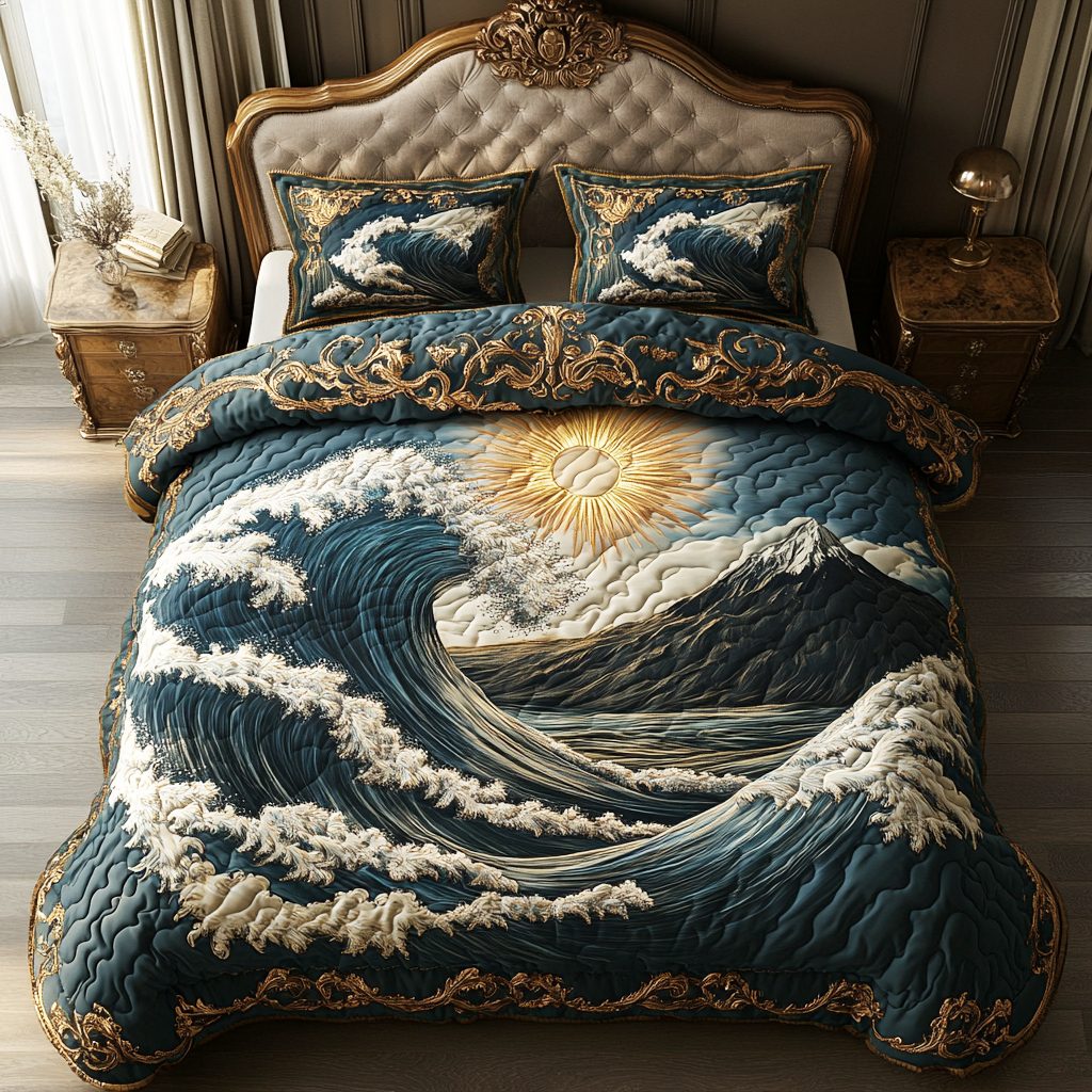Ocean Pulse quilted 3-piece bedding set on a made bed in a light coastal bedroom