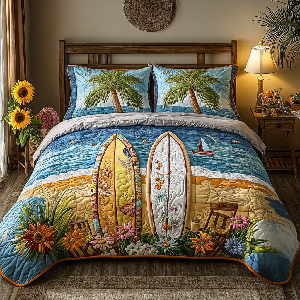 Ocean quilted 3-piece bedding set on a made bed in a light coastal bedroom