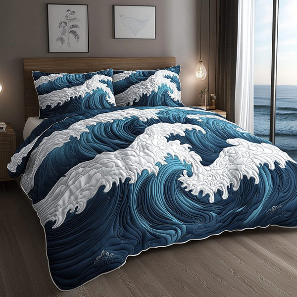 Ocean Rhythm quilted 3-piece bedding set on a made bed in a light coastal bedroom