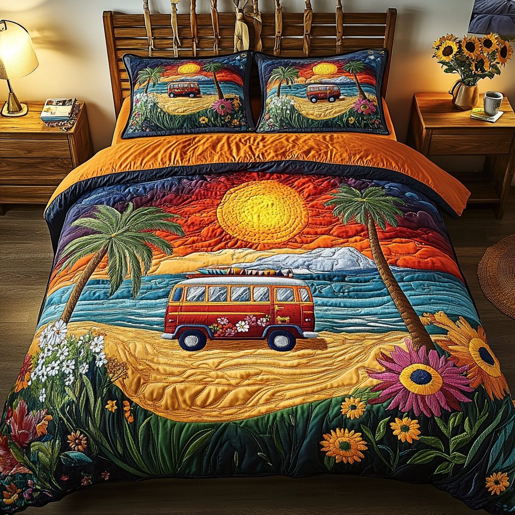Ocean Ride quilted 3-piece bedding set on a made bed in a light coastal bedroom