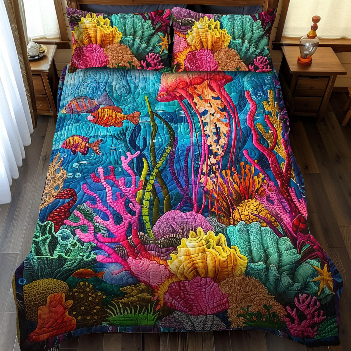 Ocean's Embrace quilted 3-piece bedding set on a made bed in a light coastal bedroom