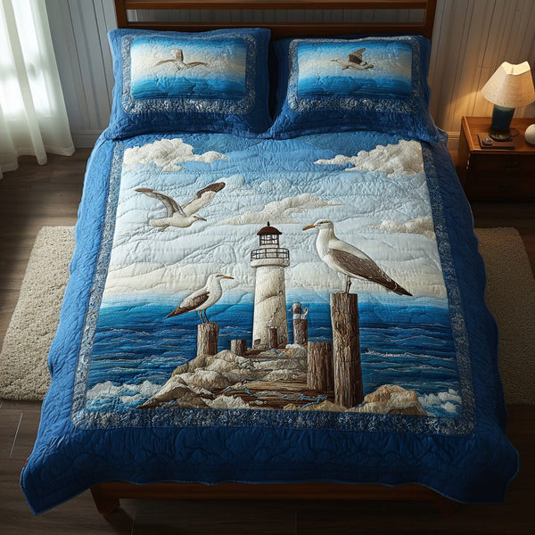 Ocean Seagull quilted 3-piece bedding set on a made bed in a light coastal bedroom