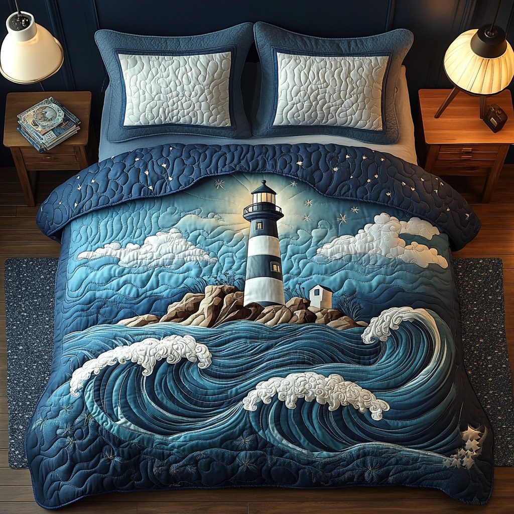 Ocean Sentinel quilted 3-piece bedding set on a made bed in a light coastal bedroom