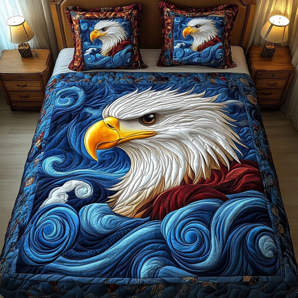 Ocean Sentinel quilted 3-piece bedding set on a made bed in a light coastal bedroom