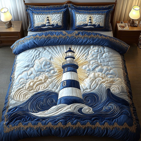 Ocean Sentinel quilted 3-piece bedding set on a made bed in a light coastal bedroom