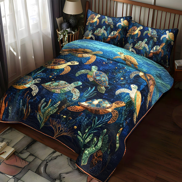 Ocean Serenade quilted 3-piece bedding set on a made bed in a light coastal bedroom