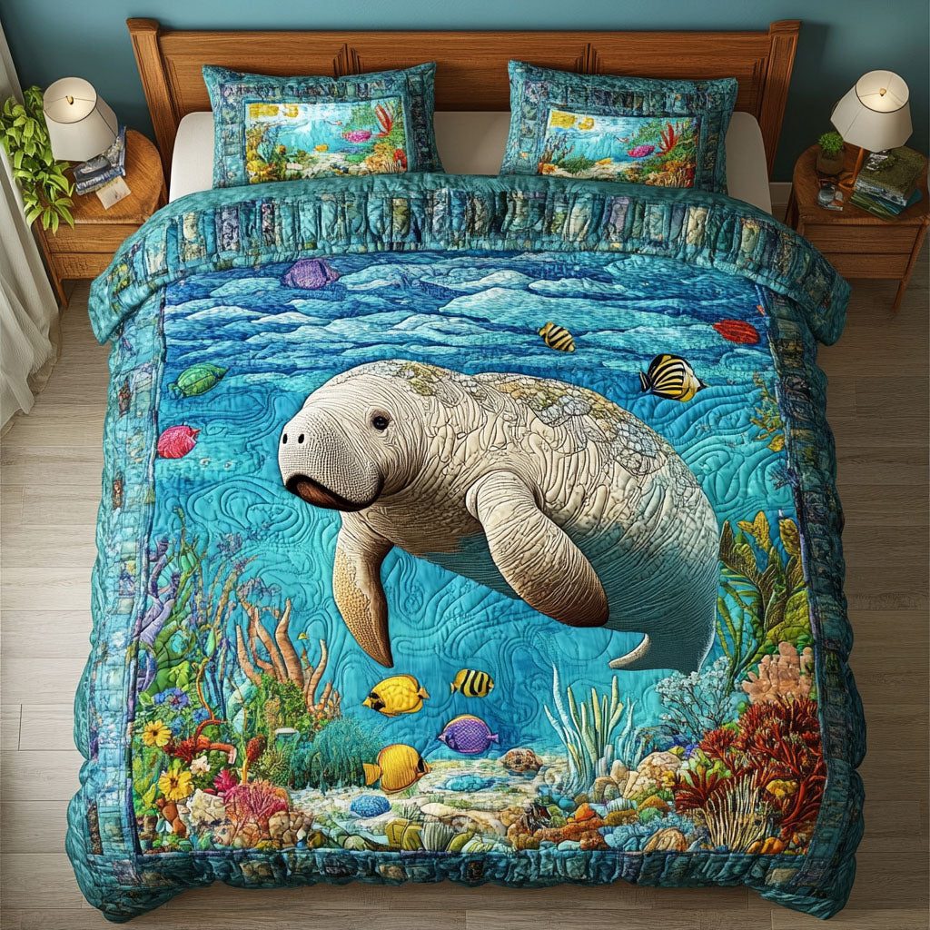 Ocean Serenity Manatee quilted 3-piece bedding set on a made bed in a light coastal bedroom