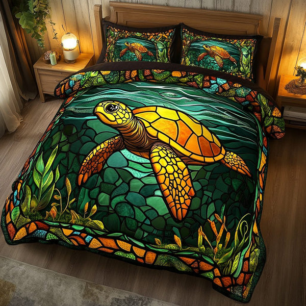 Ocean Serenity quilted 3-piece bedding set on a made bed in a light coastal bedroom