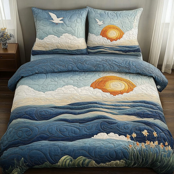 Ocean Serenity quilted 3-piece bedding set on a made bed in a light coastal bedroom