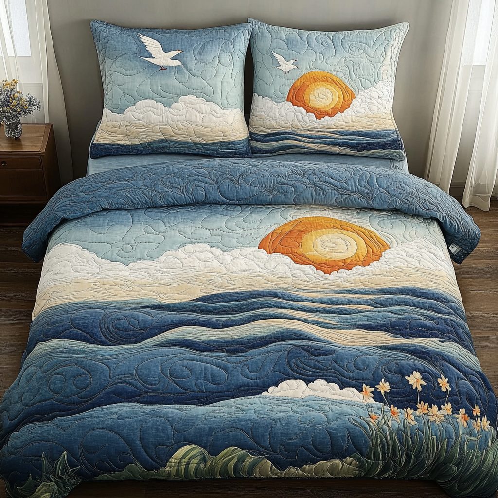 Ocean Serenity quilted 3-piece bedding set on a made bed in a light coastal bedroom