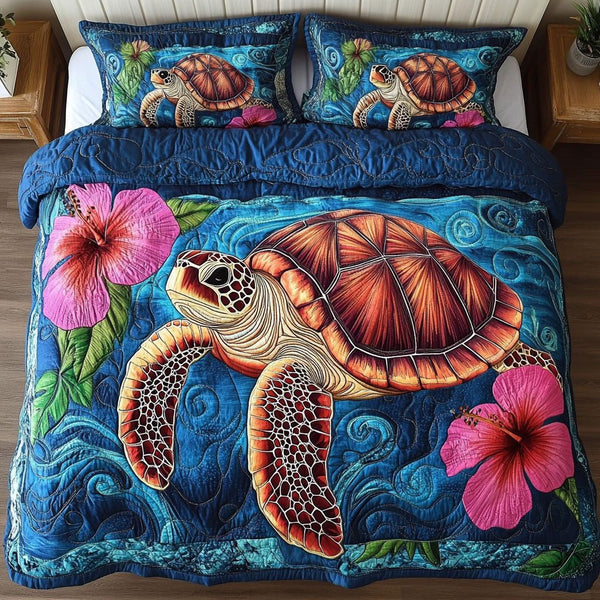 Ocean Serenity quilted 3-piece bedding set on a made bed in a light coastal bedroom