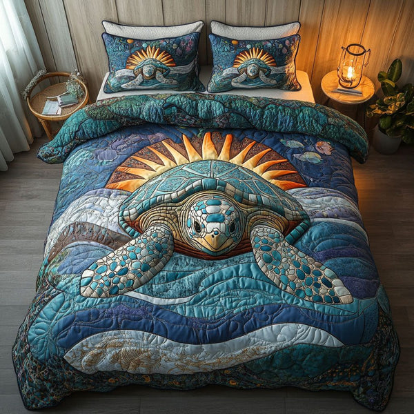 Ocean Serenity quilted 3-piece bedding set on a made bed in a light coastal bedroom